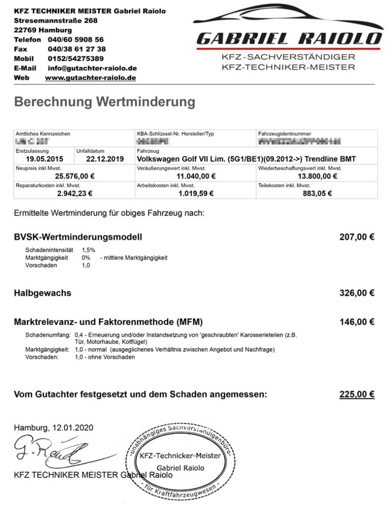 Minderwert Gutachten Beispiel